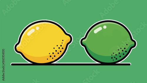 Two cartoon citrus fruits, a yellow lemon and green lime, side-by-side on a solid green background