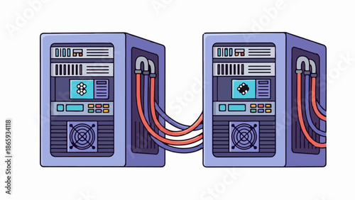 Two servers connected by cables on a white background