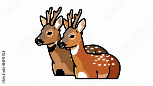 Two cartoon deer, one spotted, with antlers, are side-by-side on a white background