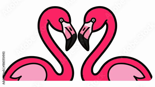 Two cartoon flamingos form a heart shape with their necks