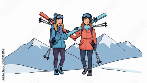 Two skiers with skis and poles stand in front of snowy mountains