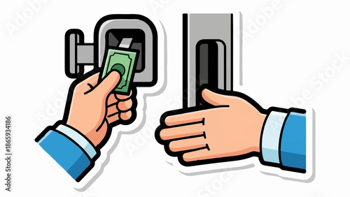 Two cartoon hands interacting with a payment or vending machine, one inserting cash