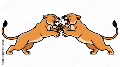 Two cartoon lions facing each other with mouths open in a roaring or fighting stance