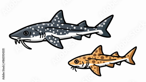 Two cartoon sharks, one grey and spotted, one brown and spotted, swim