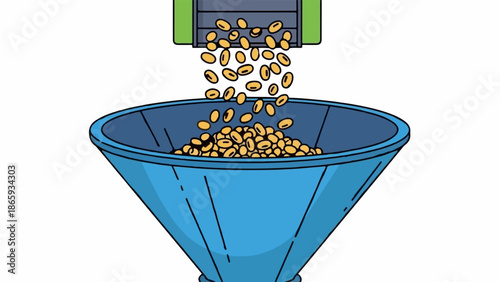 Yellow beans pouring from a green and gray chute into a large blue funnel
