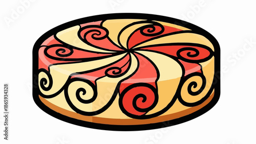 Swirled dessert with a dark outline and a creamy texture, featuring a red and yellow pattern