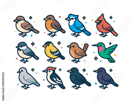 Backyard Birds Icons. Backyard birds. Colorful isometric vector icons set of backyard birds: sparrow, robin, blue jay, cardinal, chickadee, finch, wren,