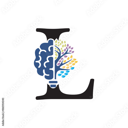 Brain Tree Logo  combine with letter L vector template