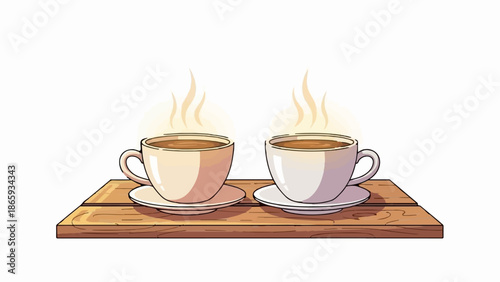 Two steaming cups of coffee sit on a wooden surface against a white background