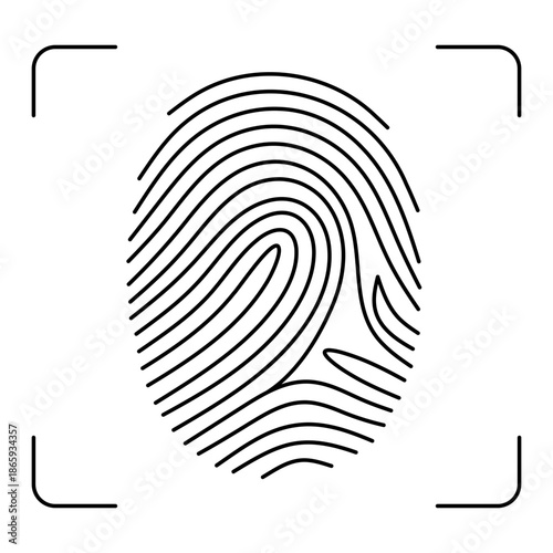 Black linear outline of a fingerprint, placed inside a scanning frame. Pictogram of biometric security, identification, or authentication. Vector illustration.