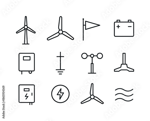 Wind Energy Icons. Wind energy system. Line icon set of wind energy system: turbine tower, rotor blades, wind direction arrow, battery storage, inverter,