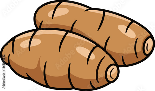 Two cartoon-style, brown, elongated root vegetables with black outlines and curved lines suggesting texture