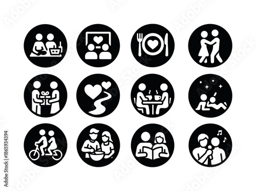 Romantic Icon Set. Romantic activities. Solid round icon set of Romantic activities: picnic, movie date, dinner plate heart, dance pair, gift exchange, walk