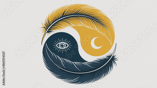A yin and yang symbol formed by feathers with an eye and moon