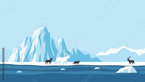 Stylized arctic landscape illustration featuring silhouettes of various animals walking across ice floes with a backdrop of imposing blue glaciers and distant snowy mountains.