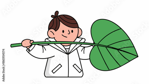 Stylized cartoon child in white coat holds large green leaf stem