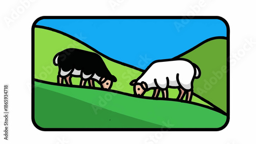 Two stylized sheep, one black and one white, graze on a green hill under a blue sky