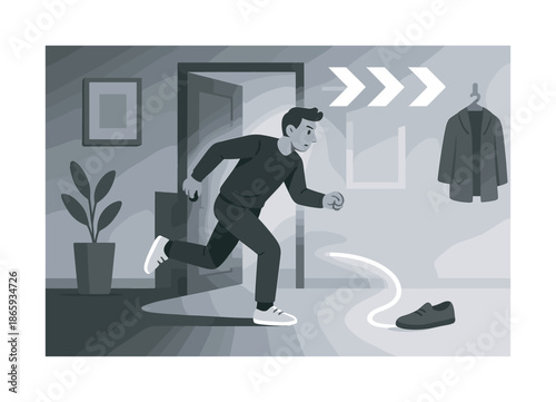 Urgent Shoe Hunt. Last-minute dash. Person scanning the entryway while a glowing trail points toward a lost shoe; floating arrows emphasizing speed. Light