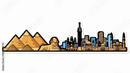 Stylized Egyptian cityscape with pyramids, Sphinx, and modern buildings