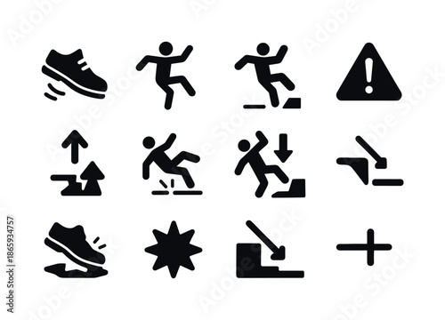Accidental Movement Icons. Accidental movements. Solid icon set of accidental movements: slipping shoe, stumble icon, tripping hazard, falling body silhouette,