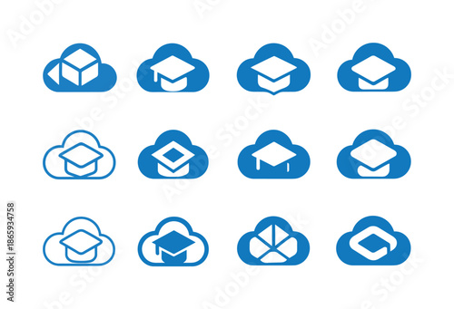 Cloud System Icons. Cloud-based school systems. Icon set. Set Logo of cloud-based school systems: school app dashboard. harmonious logo variations of the same