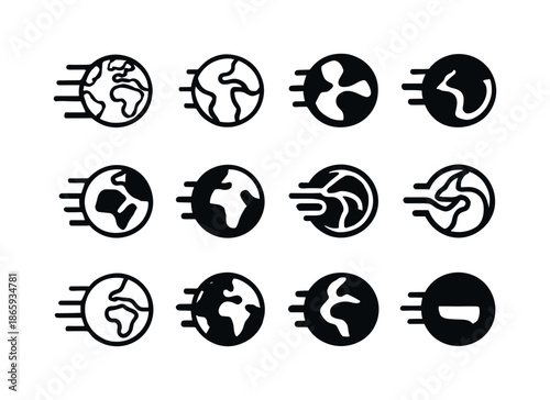 Earth Rotation Logos. Earth's rotation. Icon set. Set Logo of earth's rotation: Earth with motion lines. harmonious logo variations of the same emblematic