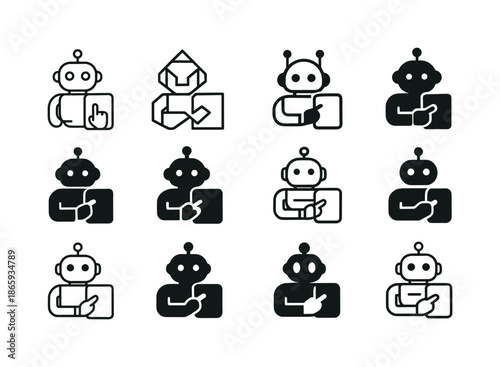 Robotic Assistant Icons. robotic assistants. Icon set. Set Logo of robotic assistants: touchscreen bot interface. harmonious logo variations of the same