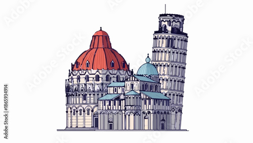 Stylized illustration of the Pisa complex leaning tower, cathedral, and baptistery