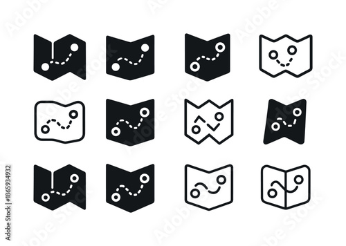 Explorers Icon Set. Travel and geography sections for explorers. Icon set. Set Logo of Travel and geography sections for explorers: folded world map with