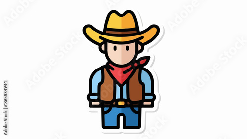 Stylized cartoon cowboy with yellow hat, red bandana, and brown vest