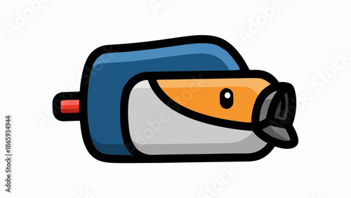 Stylized cartoon depiction of a blue and orange creature with a red tail-like appendage