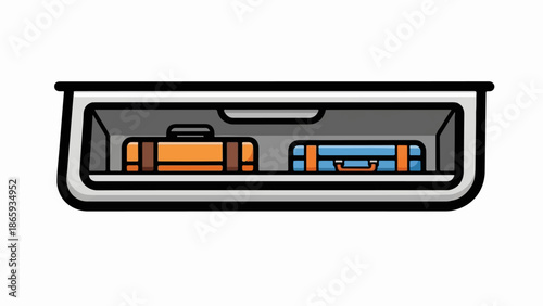 Two colorful suitcases are neatly packed inside a grey storage compartment
