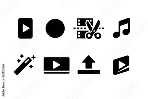 Set of video editing and media playback icons in black