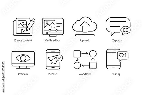 Set of eight black line media and content creation icons