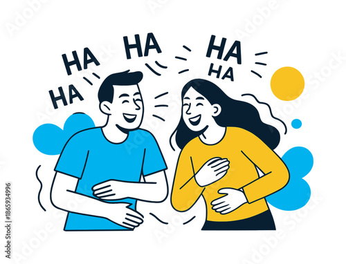 Shared Laughter Vibes. Shared inside joke. Two people laugh with synchronized body language, surrounded by floating ?ha ha? symbols and wavy rhythm lines.
