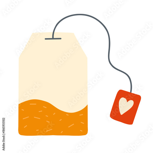 Tea bag with heart tag on string. For cafe menus, tea packaging, greeting cards, stickers, labels, web banners.