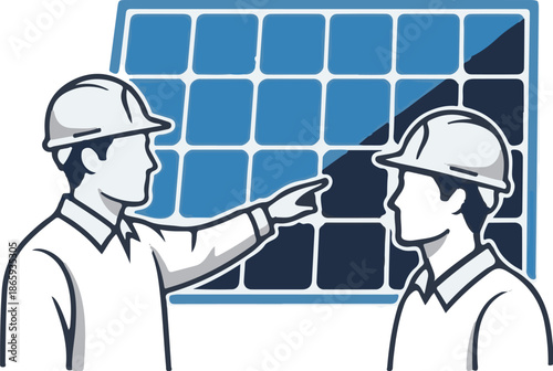 Two workers in hard hats pointing at a solar panel grid
