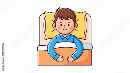 Sad boy lying in bed, feeling unwell and unhappy in bed