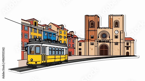 Yellow tram moves past colorful buildings toward a large cathedral