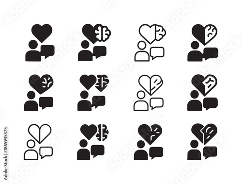 Motivational Logo Icons. Inspiring speeches or talks in motivational events. Icon set. Set Logo of inspiring speeches or talks in motivational events: heart &