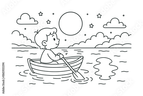 Moonlit Boat Adventure. Boat on moonlit water children?s coloring book illustration, outlined drawing, child in a tiny rowboat watching the moon reflected on