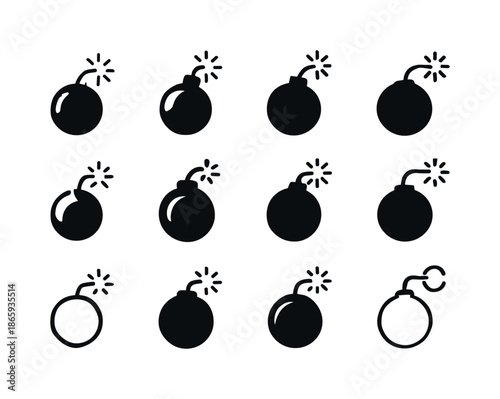 Explosive Logos Grid. Explosive devices. Icon set. Set Logo of Explosive devices: spark ignition symbol. harmonious logo variations of the same emblematic