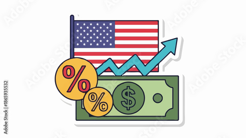 US flag, increasing graph, percentages, and dollar bill