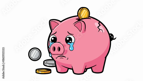 Sad, cracked pink piggy bank cries with coins around it