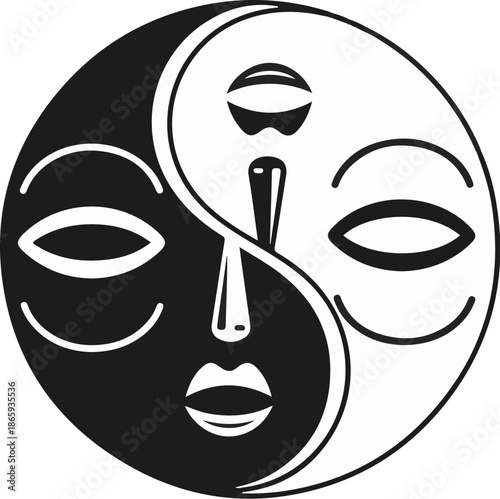 Yin Yang symbol depicts a stylized face, split between light and dark halves