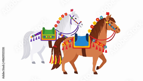 Two decorative horses adorned with colorful bridles and saddles