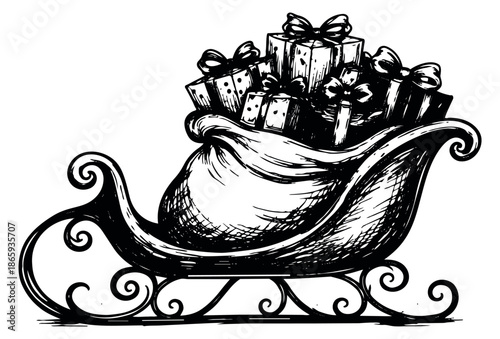 Hand drawn line art illustration of Santa's sleigh depicting a sack full of christmas gifts for holiday celebration