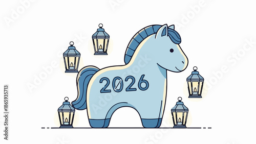 Stylized light blue horse with '2026' inscribed on its side, surrounded by lanterns