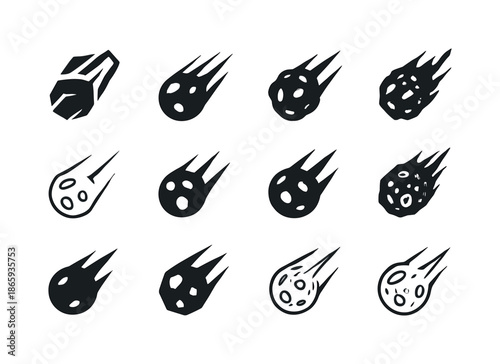 Asteroid Logo Variations. Asteroids. Icon set. Set Logo of Asteroids: asteroid impact symbol. harmonious logo variations of the same emblematic concept, each