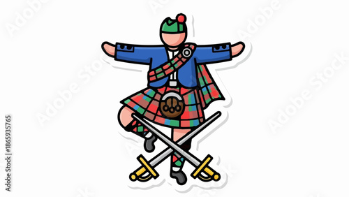 Stylized figure in traditional Scottish kilt and hat, with swords
